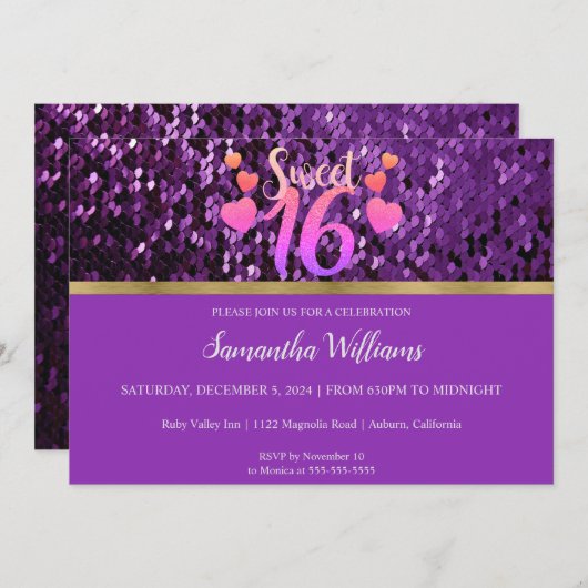 Purple Sequins Sweet 16 Invitation (Devant / Derrière)