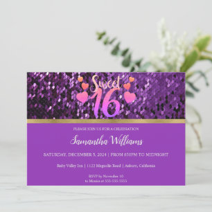 Purple Sequins Sweet 16 Invitation