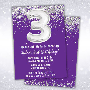 Purple Silver 3ème anniversaire de fête Invitation