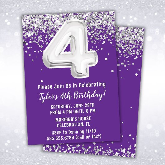 Purple Silver 4e anniversaire de fête Invitation