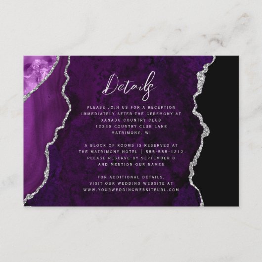 Purple Silver Agate Script Wedding Details Informatiekaartje (Voorkant)
