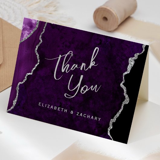 Purple Silver Agate Script Wedding Thank You Kaart
