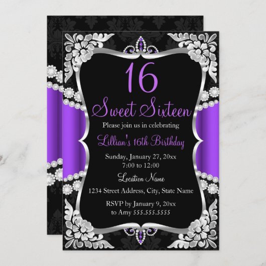 Purple Silver Black Tiara Sweet 16 Invitation (Devant / Derrière)