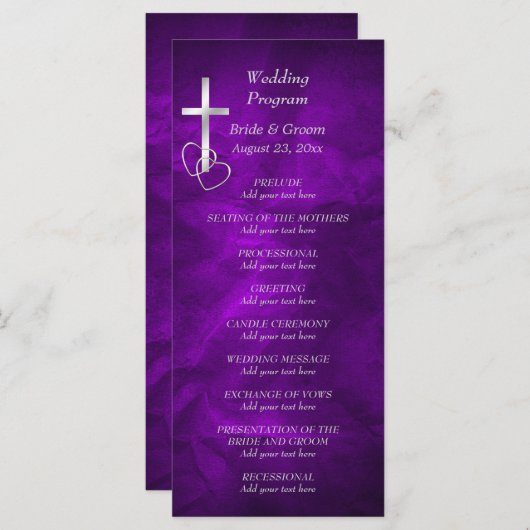 Purple Silver Christian Cross Wedding Programme (Devant / Derrière)