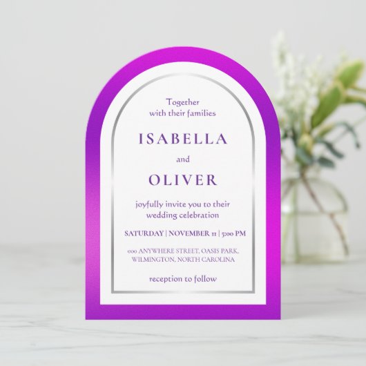 Purple silver gradient frame wedding kaart (Staand voorkant)