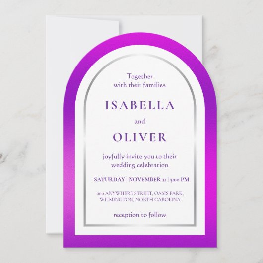 Purple silver gradient frame wedding kaart (Voorkant)