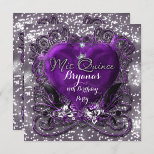 Purple & Silver Heart Mis Quince 15e Invitation