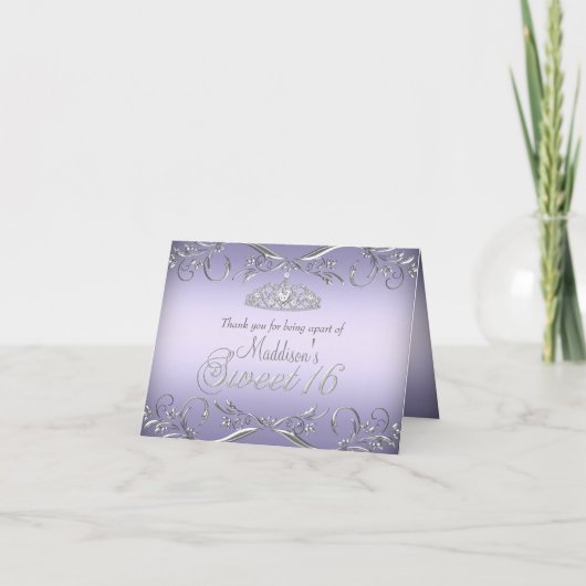 Purple & Silver Tiara Sweet 16 Cartes de remerciem (Devant)