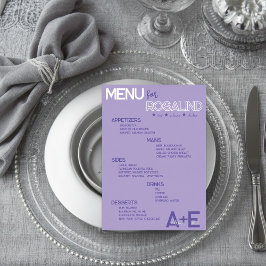 Purple & Silver Wedding Menu Card with Guest Names Folie Uitnodiging