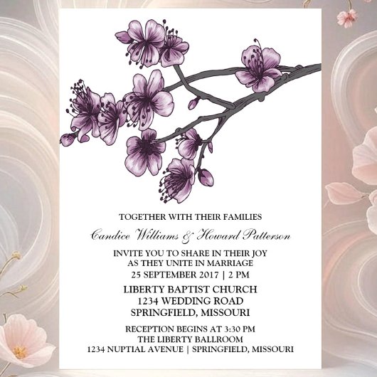 Purple Simple Cherry Blossoms Mariage Invitation