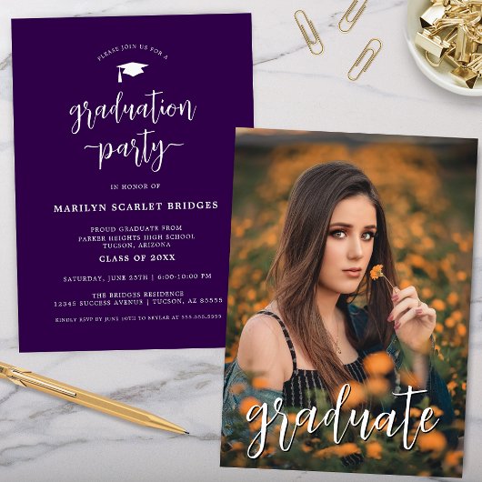 Purple Simple Moderne Script Graduation Invitation