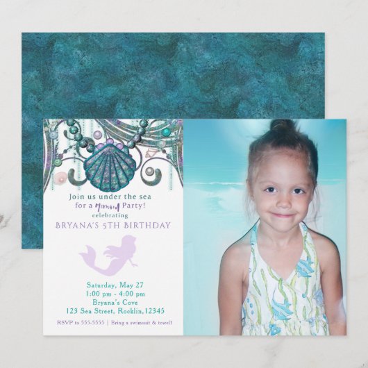 Purple Sirène Anniversaire Fête Photo Invitations (Devant / Derrière)