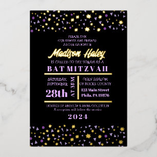 Purple Stars Bar Bat mitzvah Invitation Gold Inlay