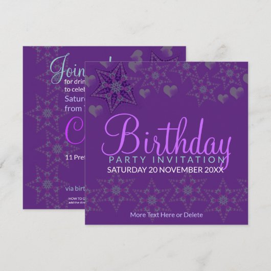 Purple Stars Coeurs Fête Anniversaire Invitation (Devant / Derrière)