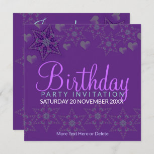 Purple Stars Coeurs Fête Anniversaire Invitation