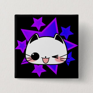 Purple stars. White cat. Vierkante Button 5,1 Cm