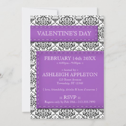 Purple Stitched Damask Valentine's Day Invitations (Devant)