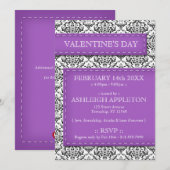 Purple Stitched Damask Valentine's Day Invitations (Devant / Derrière)
