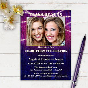 Purple String Lights Photo Graduation Invitation