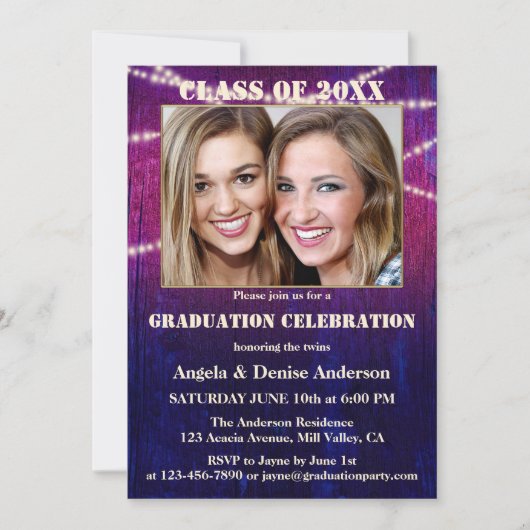 Purple String Lights Photo Graduation Invitation (Devant)