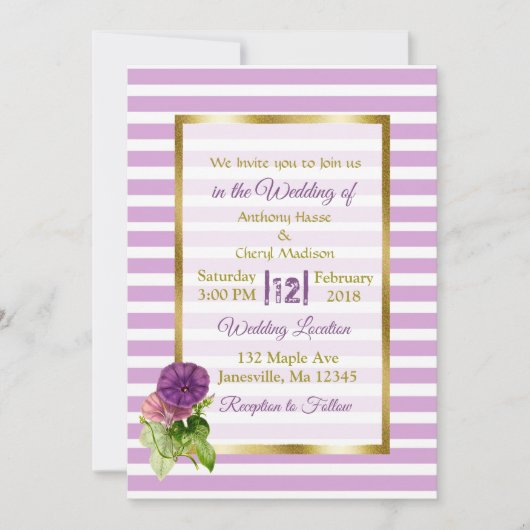 Purple StripePetunias et Gold Wedding Invitations (Devant)