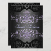 Purple Sweet16 Tiara Damask Invitation d'anniversa (Devant / Derrière)