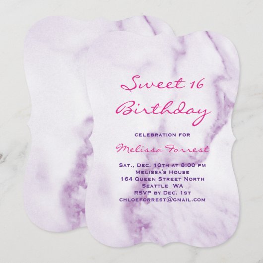 Purple Sweet 16 Marbre Anniversaire Invitation (Devant / Derrière)
