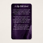 Purple Sympathy Funeral Photo Memorial Prayer Card (Dos)