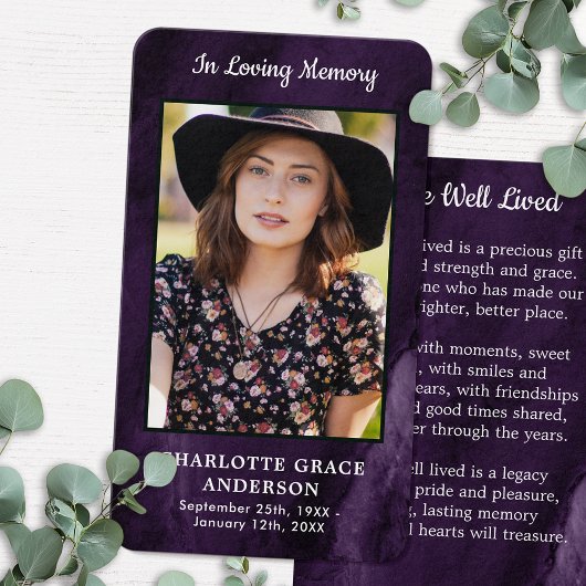 Purple Sympathy Funeral Photo Memorial Prayer Card