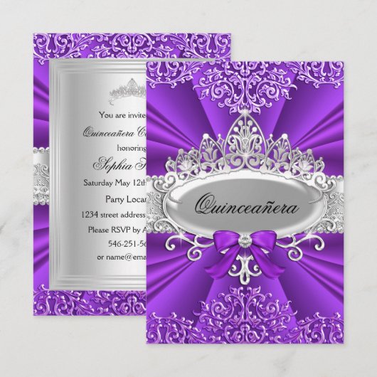 Purple Tiara & Damask Quinceanera Invitation (Devant / Derrière)