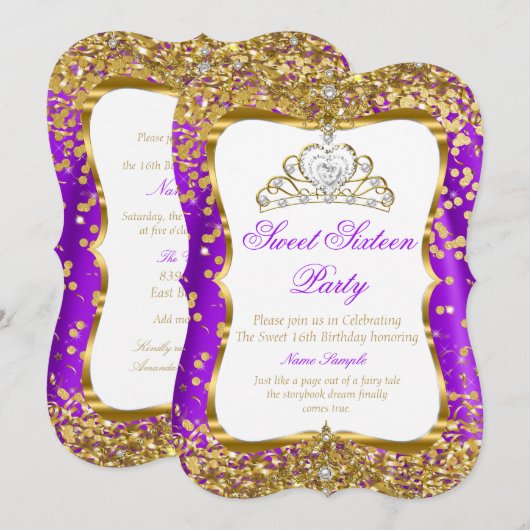 Purple Tiara Princess Sweet 16 Or Blanc Invitation (Devant / Derrière)