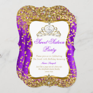 Purple Tiara Princess Sweet 16 Or Blanc Invitation