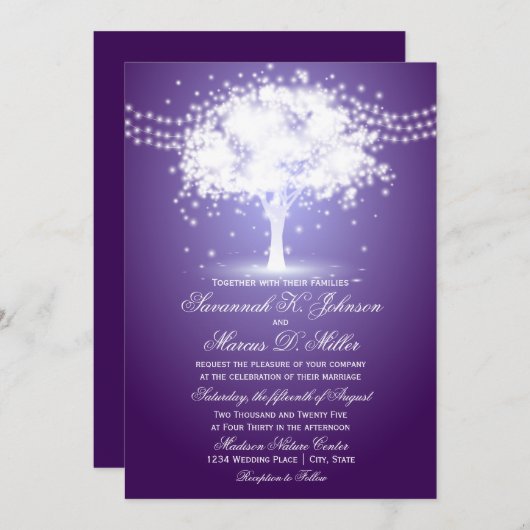 Purple Tree String éclaire les invitations de mari (Devant / Derrière)