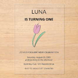 Purple Tulip Floral Girl Kids First Birthday  Acryl Uitnodigingen