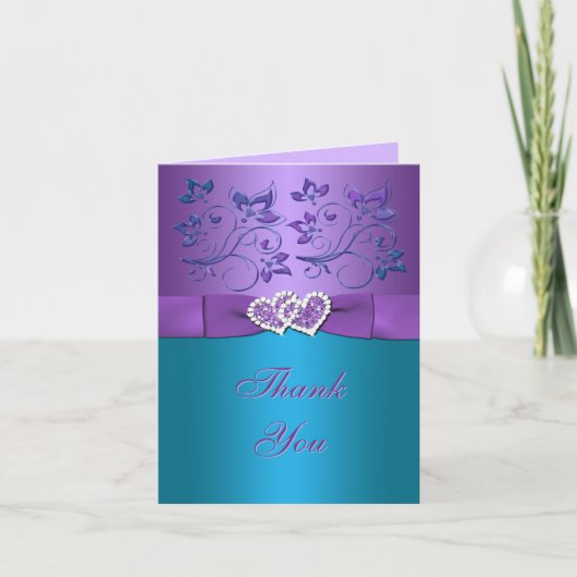 Purple, Turquoise Floral, Coeurs Carte de remercie (Devant)