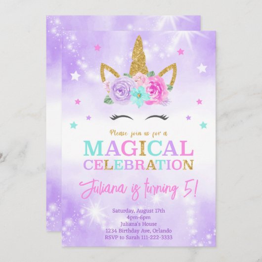 Purple Unicorn Invitation Anniversaire (Devant / Derrière)
