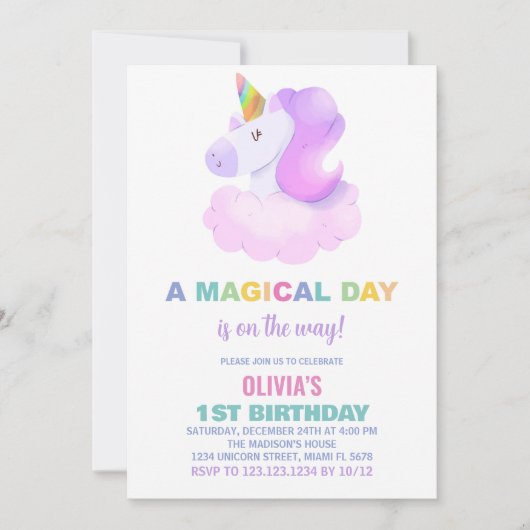 Purple Unicorn Invitations d'anniversaire (Devant)