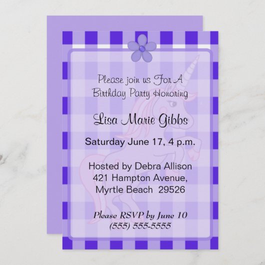 Purple Unicorn Invitations d'anniversaire (Devant / Derrière)