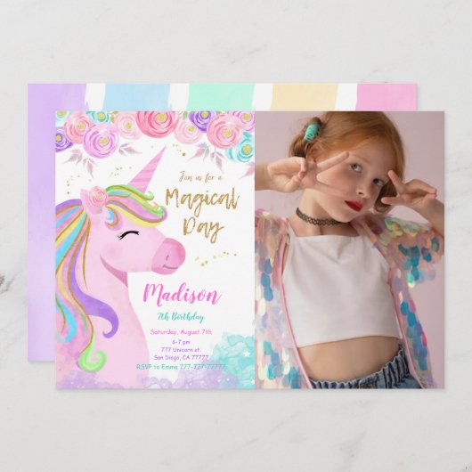 Purple Unicorn Photo Invitation (Devant / Derrière)