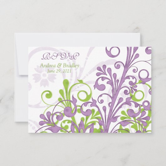 Purple Vert Blanc Abstrait Floral Wedding rsvp (Dos)