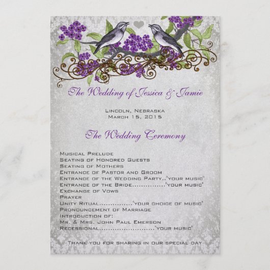 Purple Vintage Birds Programmes Mariage damassé (Devant)
