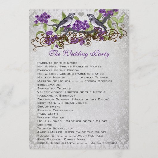 Purple Vintage Birds Programmes Mariage damassé (Dos)