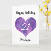 Purple Watercolor Heart 21e Anniversaire Carte (Fleur jaune)