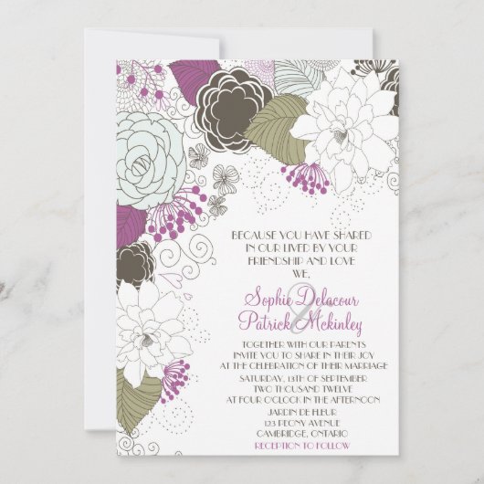 Purple Whimsical Floral Wedding Invitations (Devant)