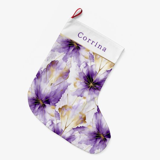Purple White Gold Abstract Iris Floral Grote Kerstsok (Voorkant (Hangend))