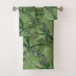 Purple Winged Dragonflies on Soft Green Bad Handdoek
