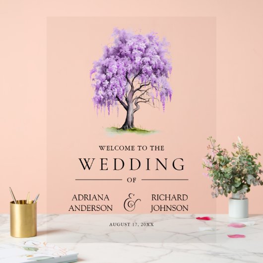 Purple Wisteria Floral Tree Wedding Welcome Sign (Mariage)