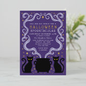 Purple Witchy Black Cat Cauldron Halloween Party Folie Uitnodiging (Staand Voorkant)