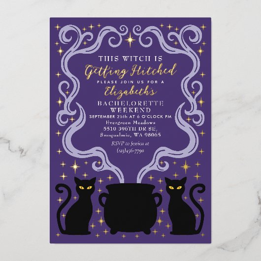 Purple Witchy Getting Hitched Bachelorette Weekend Folie Uitnodiging (Voorkant)