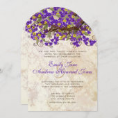 Purple Yellow Cherry Blossom Tea Stain Invitations (Devant / Derrière)